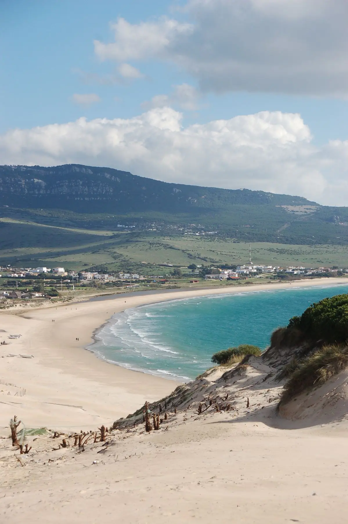 Vista de la playa de Bolonia, en Tarifa, con la curva de la bahía y arena de la duna en primer plano.