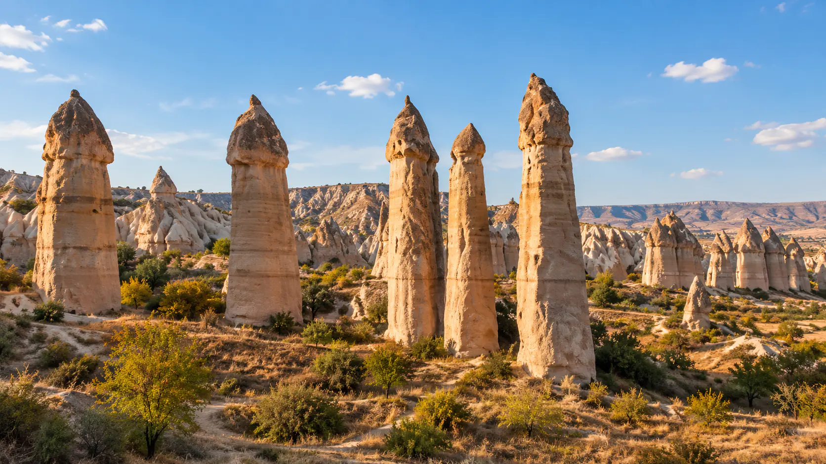 Chimeneas de hadas cerca de Göreme, Capadocia; portada generada por IA.