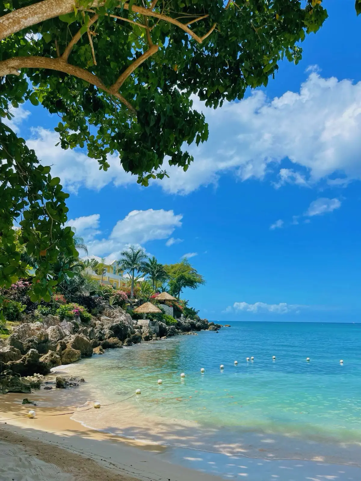 Cala de la costa de Negril, con arena clara, rocas, vegetación y agua turquesa, Jamaica.