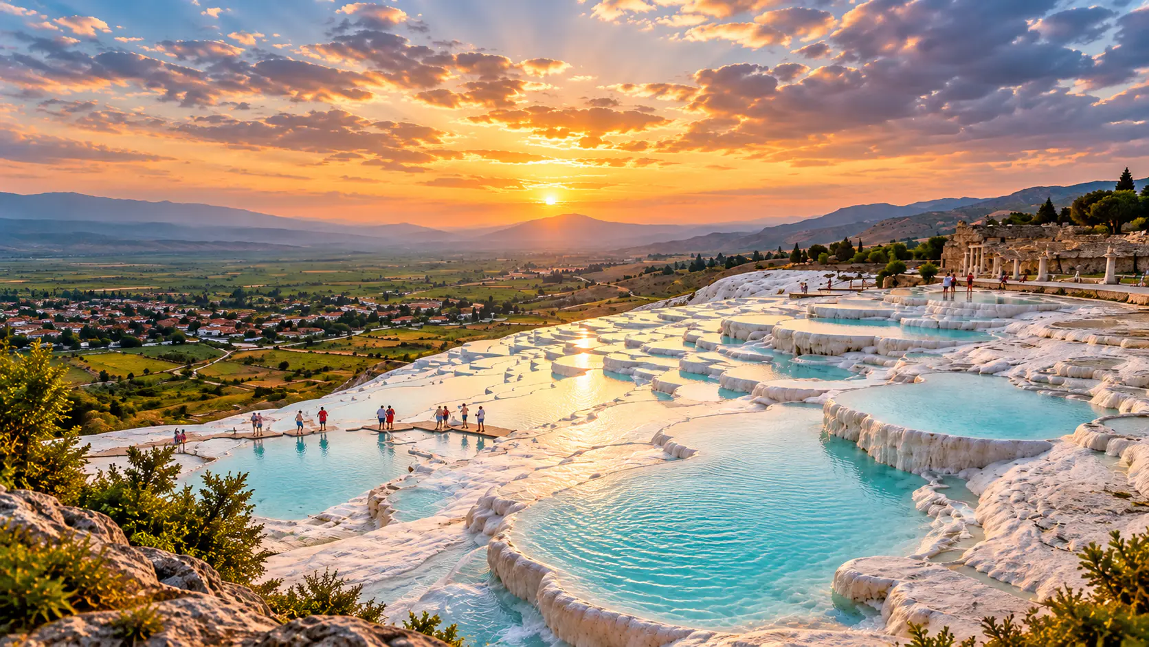 Terrazas blancas de Pamukkale con piscinas turquesas, valle y luz cálida al atardecer; imagen generada por IA.