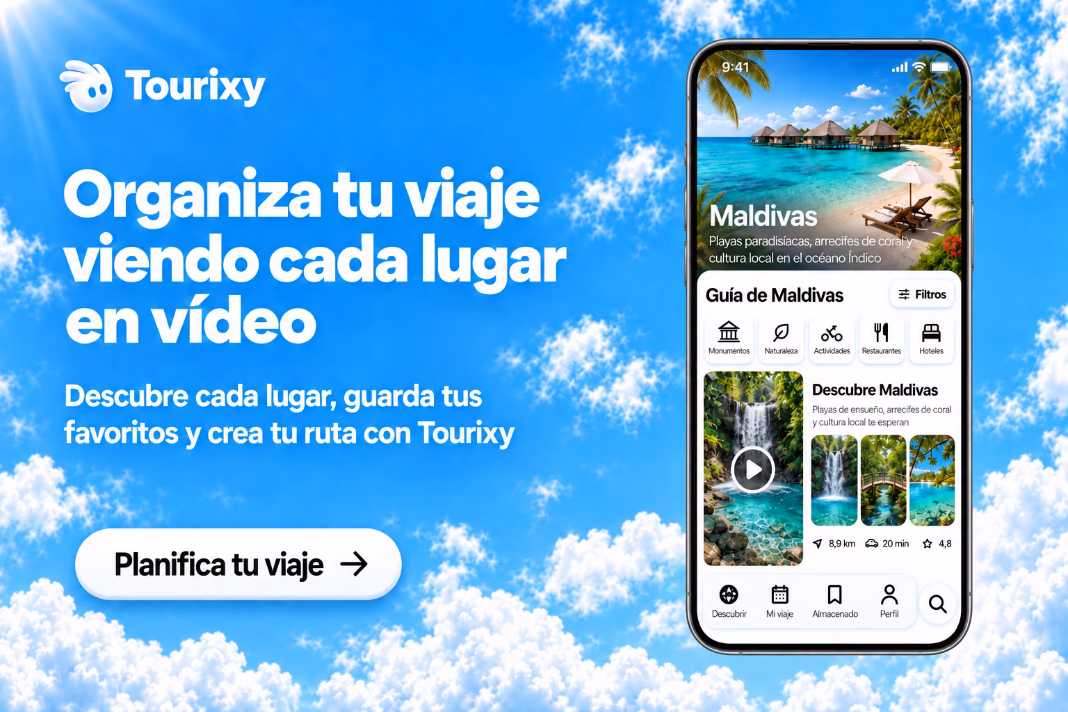 Imagen ilustrativa de Tourixy con un móvil, una ficha de viaje y el mensaje Organiza tu viaje viendo cada lugar en vídeo